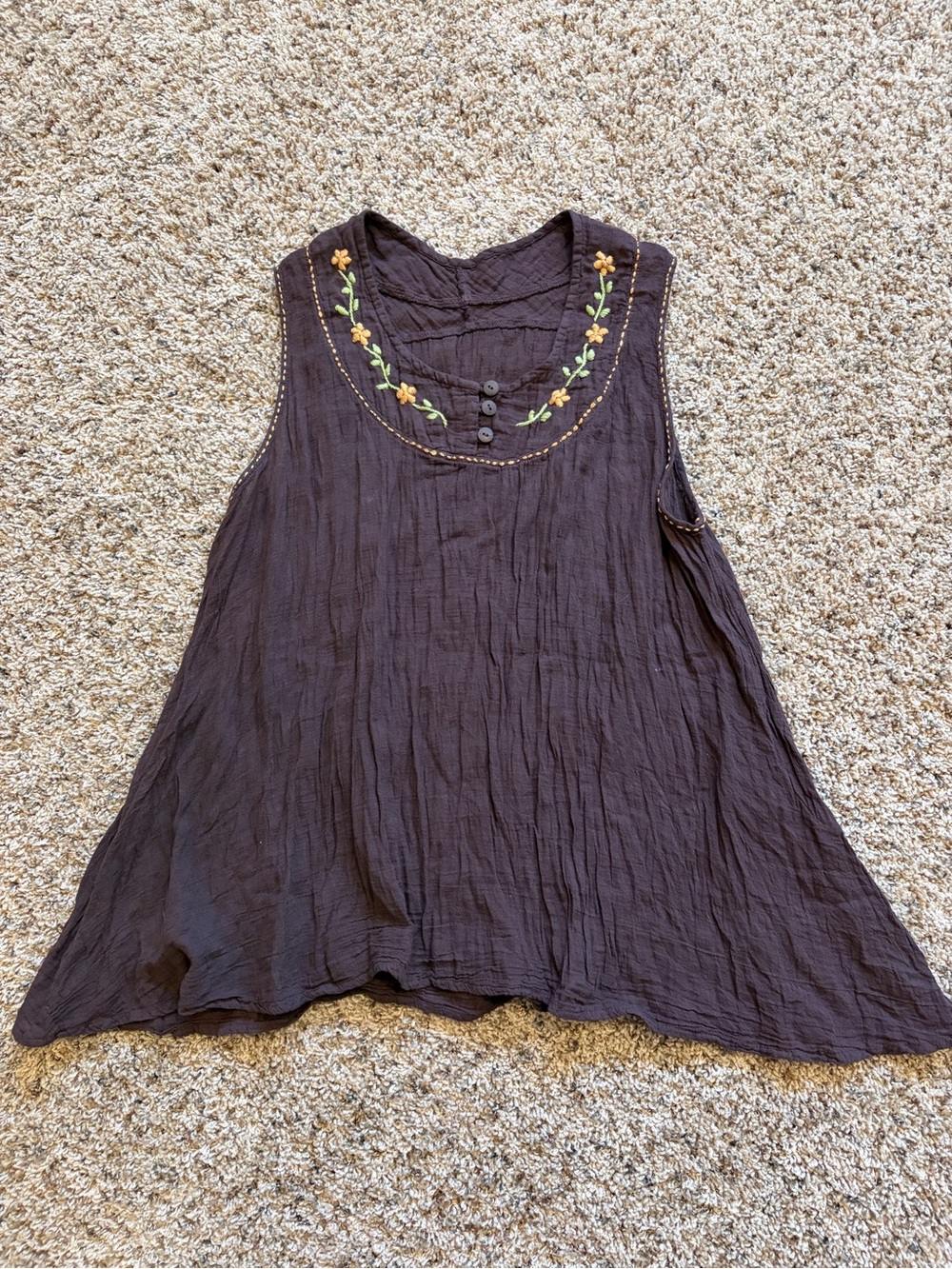 Sleeveless Brown Embroidered Scoop Neck Top
